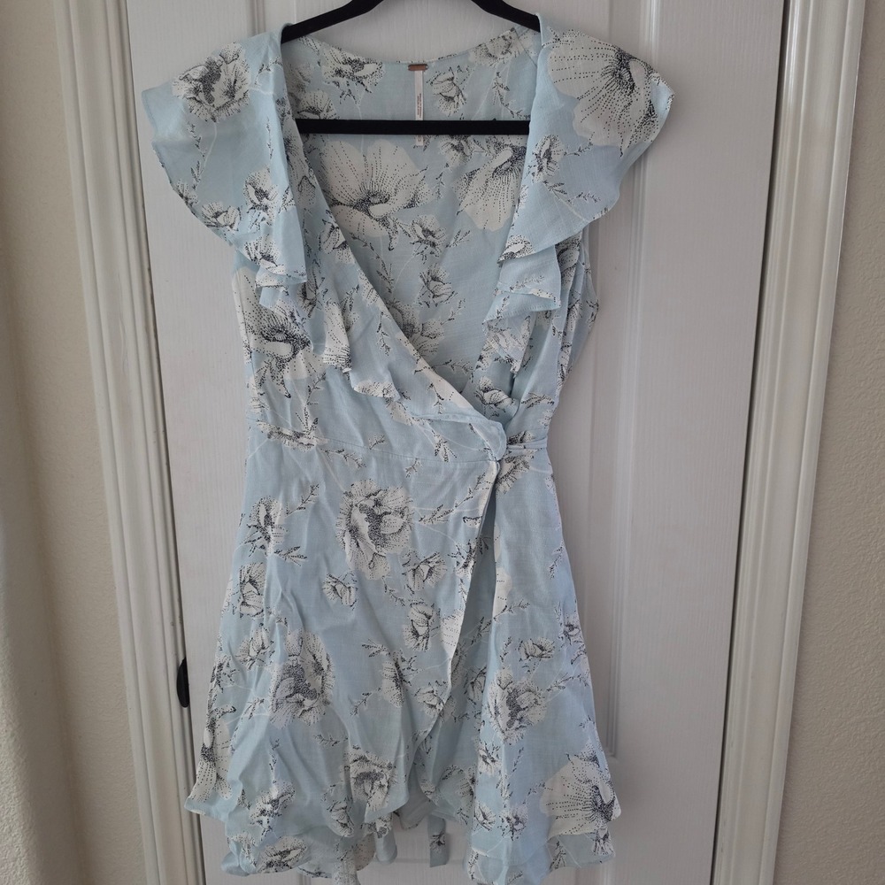 Free People Light Blue Floral Ruffle Wrap Mini Dress Medium